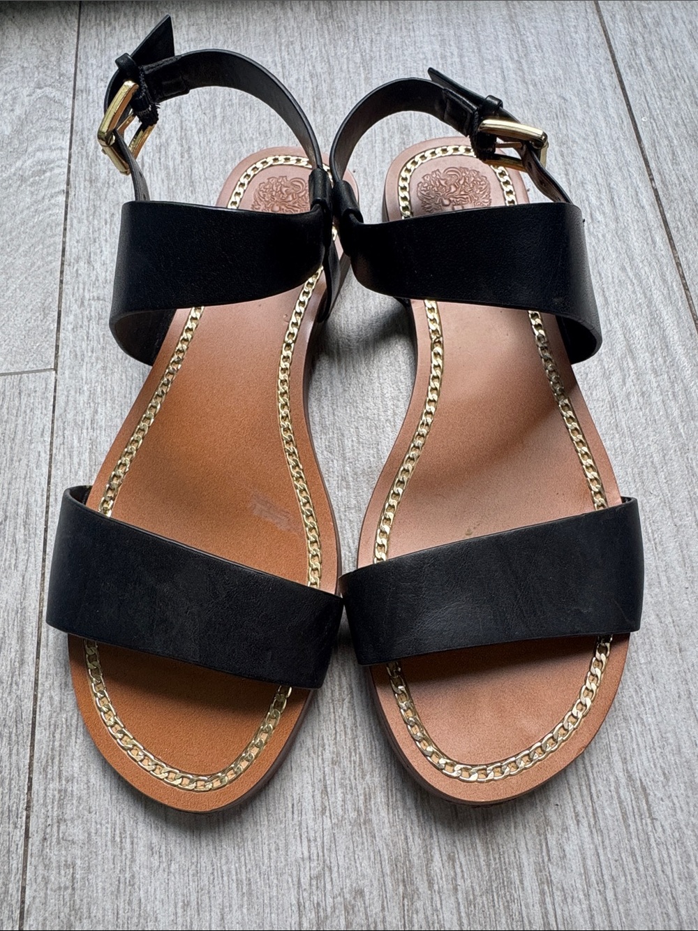 Vince Camuto Classic Black Leather Chain-Trim Women's Sandals size 6.5